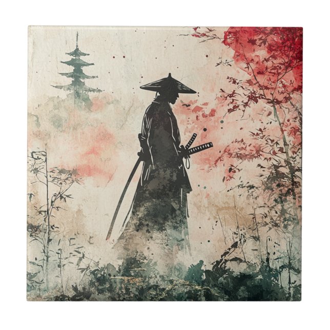 Stiller Samurai Karminroter Wald (1) Fliese (Vorderseite)