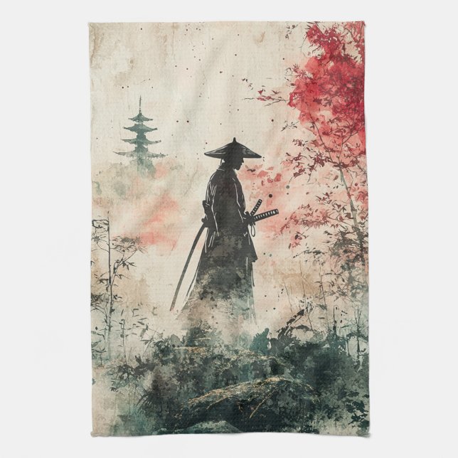 Stiller Samurai Karminroter Wald (1) Geschirrtuch (Vertikal)