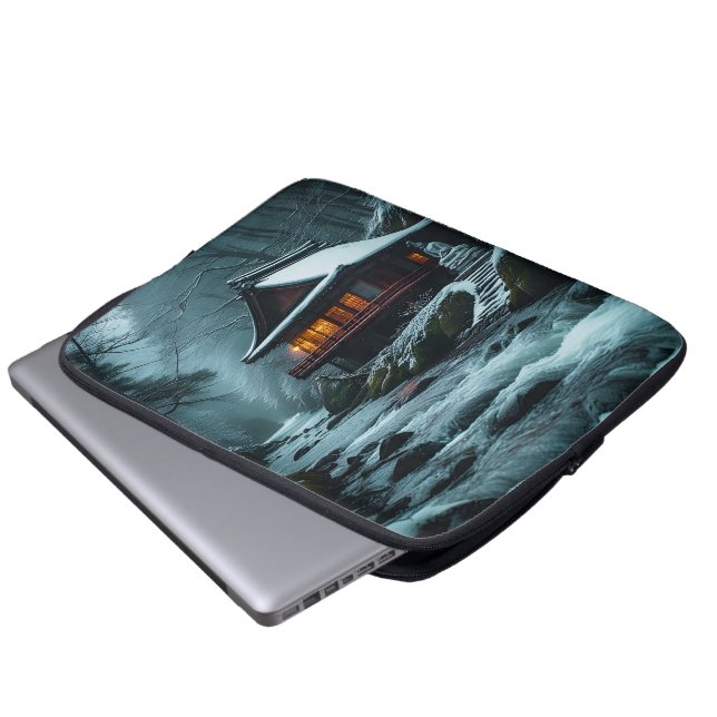 Stiller Winter: Stiller Tempel am Winterfluss Laptopschutzhülle (Vorne Knopf)