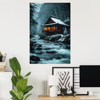 Stiller Winter: Stiller Tempel am Winterfluss Poster