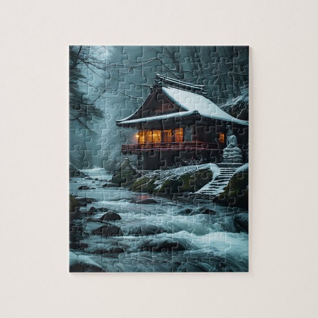 Stiller Winter: Stiller Tempel am Winterfluss Puzzle (Vertikal)