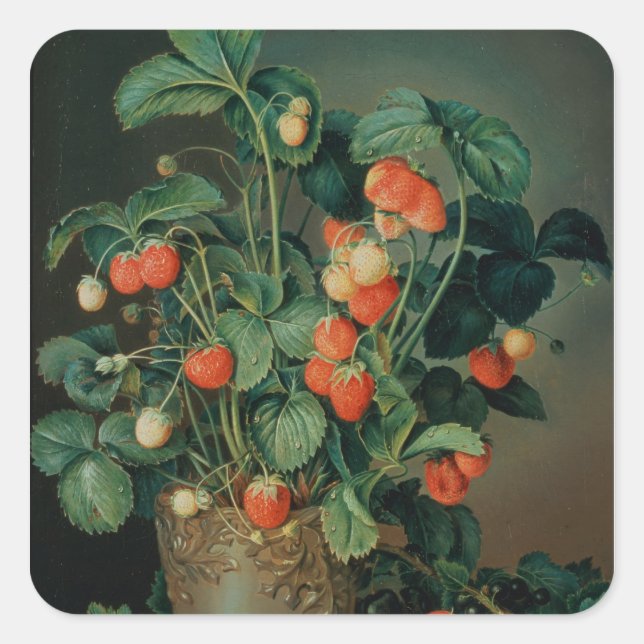 Stilles Leben mit Erdbeeren Quadratischer Aufkleber (Vorderseite)