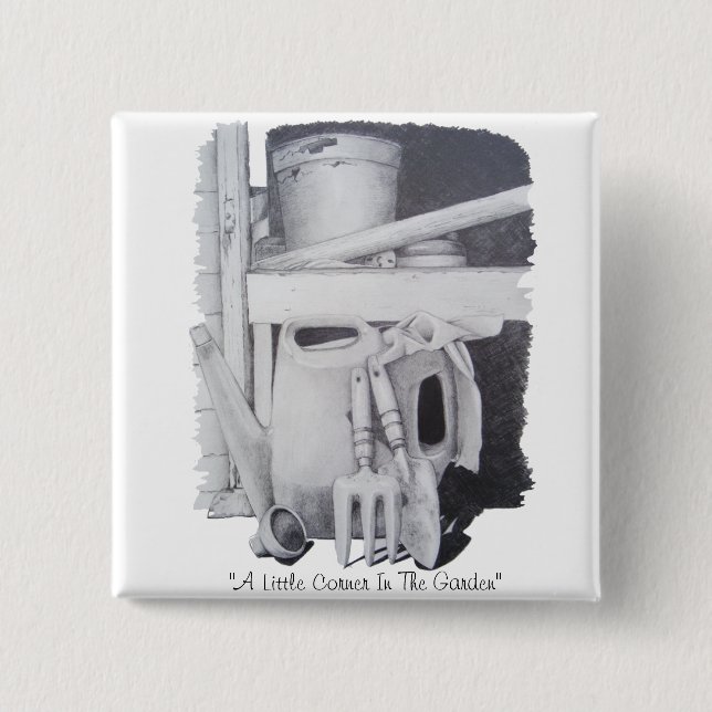 Stilles Leben zeichnend Gartenwerkzeuge für Gärtne Button (Vorderseite)