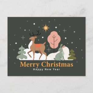 Stilles Weihnachtsabend mit Rentieren und Kaninche Feiertagspostkarte