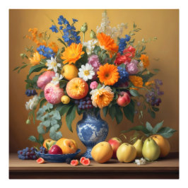 Stilleven met Bloemen in Delftbaluwe vaas en Fruit Fotodruck