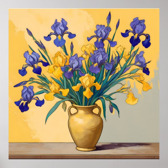 Stilleven met Gele en Blauwe Irissen in een Gouden Poster (Vorne)
