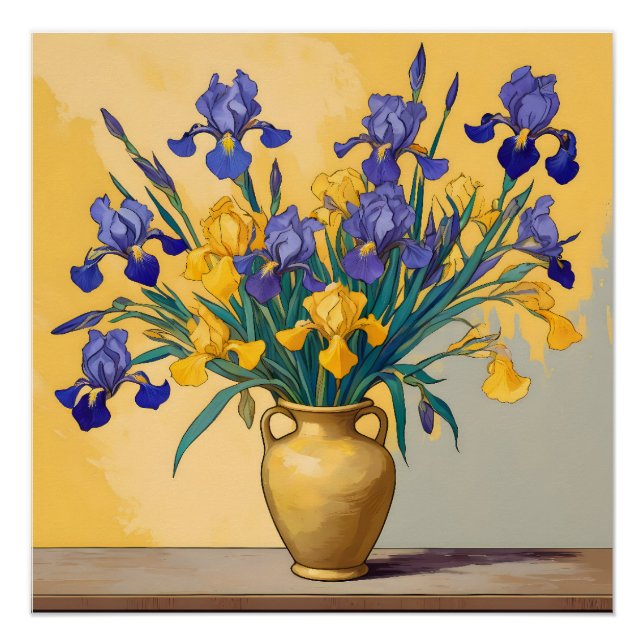 Stilleven met Gele en Blauwe Irissen in een Gouden Poster (Vorderseite)
