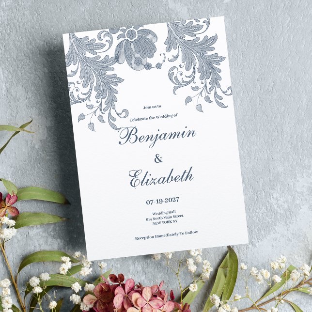 Stillila bläuliche Blumenspitze Hochzeit Einladung (Stylish white mauve blue floral lace Wedding )