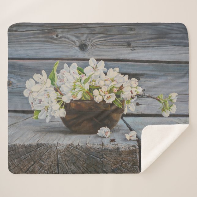 Stillleben Apfelblüte – Original Kunstdruck Sherpadecke (Vorderseite (Horizontal))