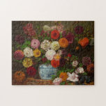 Stillleben | Eugène Delacroix Puzzle<br><div class="desc">Still Life mit Dahlias, Zinnias, Hollyhocks und Plums (c. 1835) von Eugène Delacroix (Französisch, 1798-1863) ist eine farbenfrohe und dynamische Komposition, die den expressiven Stil und Faszination des Romantik Meisters mit natürlicher Schönheit widerspiegelt. Das mit Dahlien, Zinnien und Hollyhocks bedeckte Bouquet steht in einem lebhaften Kontrast zu den tiefen Purpuren...</div>