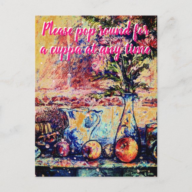 Stillleben Kommen Sie für einen Cuppa Postkarte (Vorderseite)