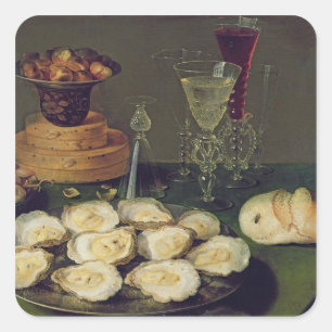 Stillleben mit Austern und Gläsern (Öl auf Platt Quadratischer Aufkleber