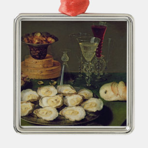 Stillleben mit Austern und Gläsern (Öl auf Platt Silbernes Ornament