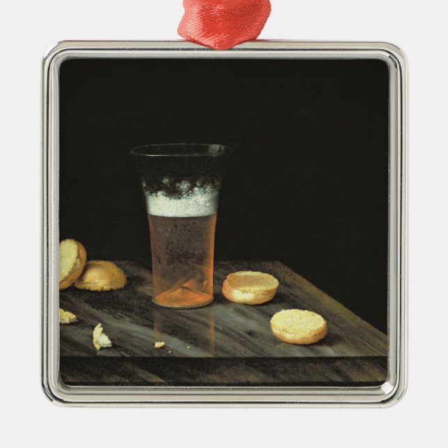Stillleben mit Bier-Glas Silbernes Ornament (Vorne)