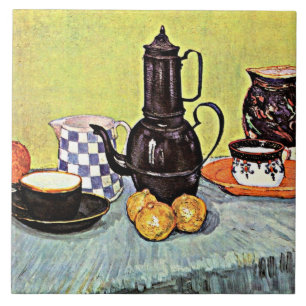 Stillleben mit blauem Enamel-Coffeepot Fliese