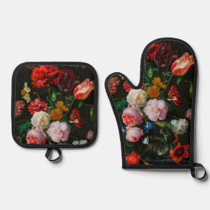 Stillleben mit Blume in einer Glasvase Ofenhandschuh & Topflappen-Set