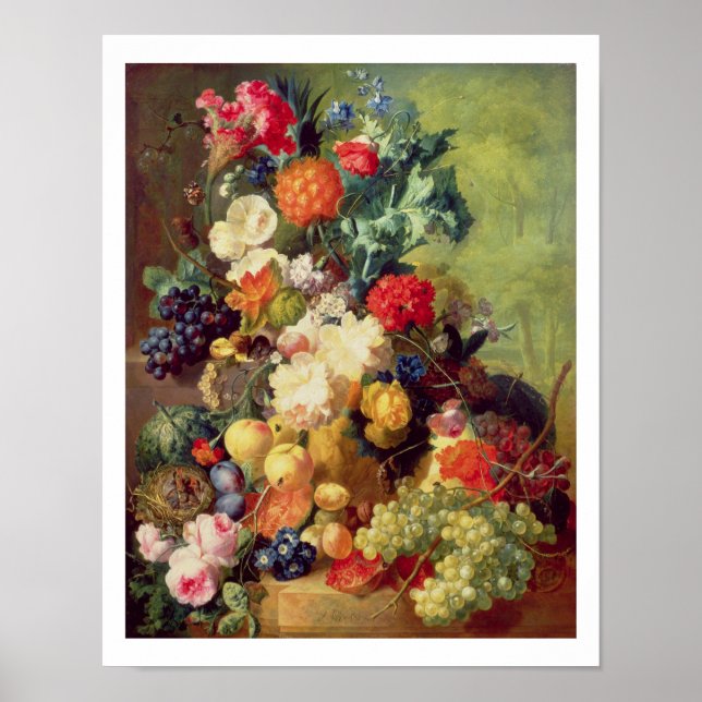 Stillleben mit Blume und Obst Poster (Vorne)