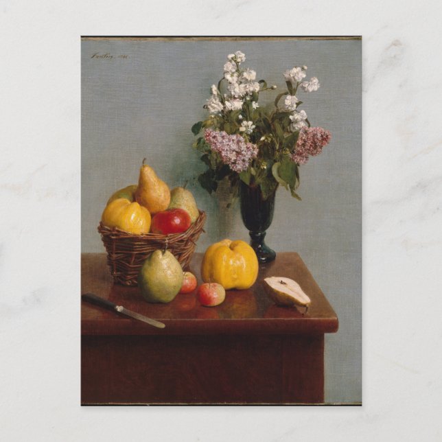Stillleben mit Blume und Obst Postkarte (Vorderseite)