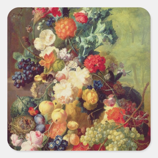 Stillleben mit Blume und Obst Quadratischer Aufkleber (Vorderseite)