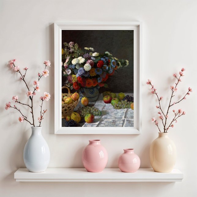 Stillleben mit Blume und Obst von Claude Monet Poster (Von Creator hochgeladen)