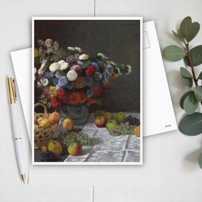 Stillleben mit Blume und Obst von Claude Monet Postkarte (Von Creator hochgeladen)