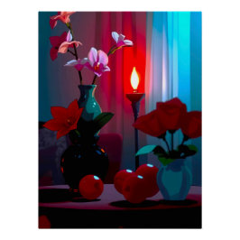 Stillleben mit Blumen und Früchten Poster