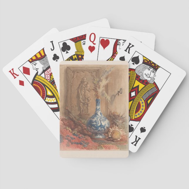 Stillleben mit chinesischer Vase und getrockneter  Spielkarten (Rückseite)