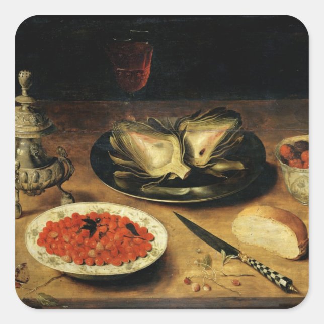 Stillleben mit einem Artichoke Quadratischer Aufkleber (Vorderseite)