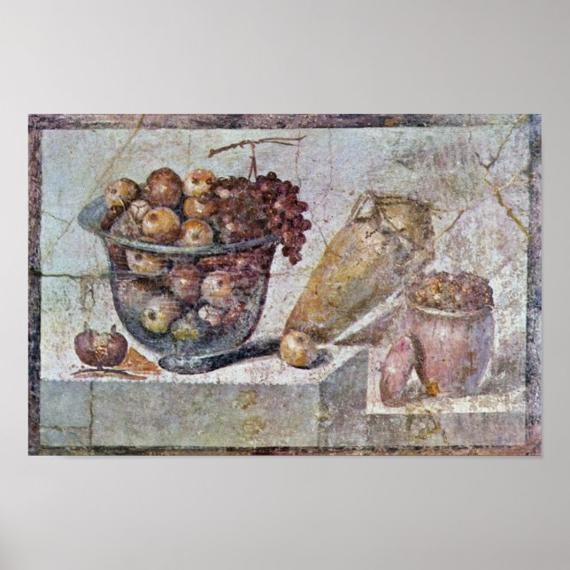 Stillleben mit einer Glasschale aus Obst und Vasen Poster (Vorne)
