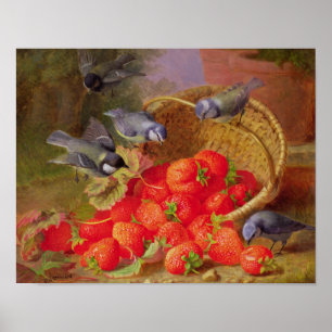 Stillleben mit Erdbeeren und Bluetits Poster