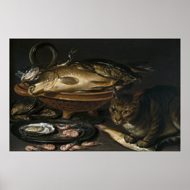 Stillleben mit Fisch und Katze Poster (Vorne)