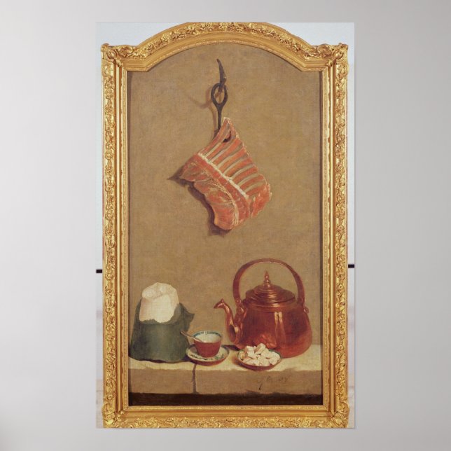 Stillleben mit Fleisch, Wasserkocher und Tasse Poster (Vorne)
