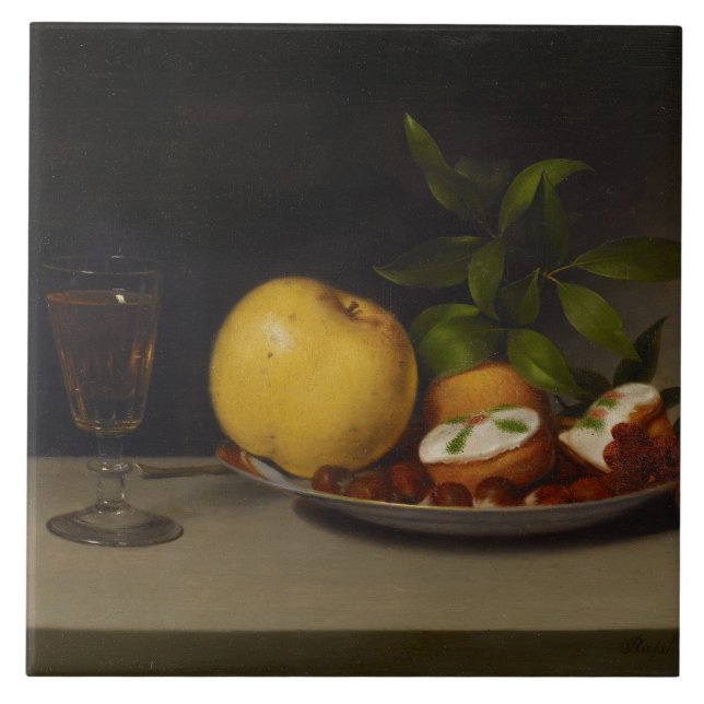 Stillleben mit Frucht, Kuchen und Wein, 1821 Fliese (Vorderseite)