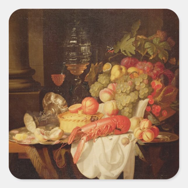 Stillleben mit Hummer Quadratischer Aufkleber (Vorderseite)