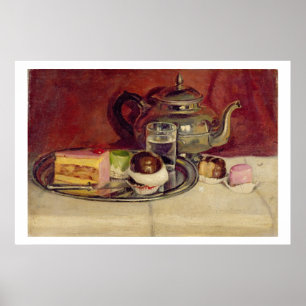 Stillleben mit Kuchen und einem Silberteapot (Öl a Poster