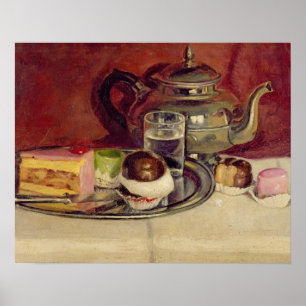 Stillleben mit Kuchen und einem Silberteapot (Öl a Poster