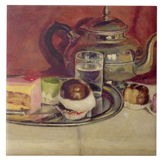 Stillleben mit Kuchen und einer Silber-Teekanne Fliese (Vorderseite)
