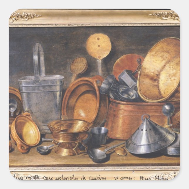 Stillleben mit Küchenutensilien Quadratischer Aufkleber (Vorderseite)