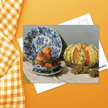 Stillleben mit Melon Claude Monet Postkarte<br><div class="desc">Eine schöne Kunstpostkarte mit dem impressionistischen Gemälde Stillleben mit Melon (1872) von Claude Monet (1840-1926). Ein lebendiger Tisch mit einer reifen Melone und Pfirsichen neben einer blauen und weißen Porzellanplatte.</div>