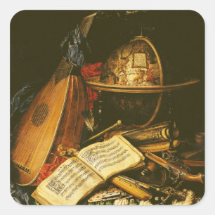 Stillleben mit Musikinstrumenten Quadratischer Aufkleber