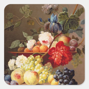Stillleben mit Obst und Blume Quadratischer Aufkleber