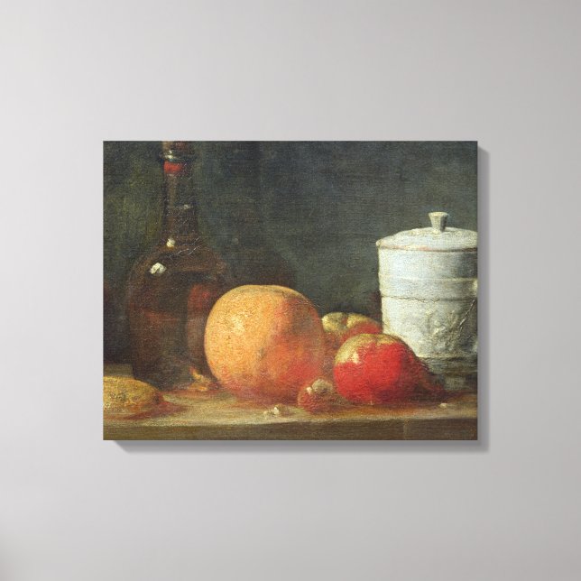 Stillleben mit Obst und Weinflasche Leinwanddruck (Vorderseite)