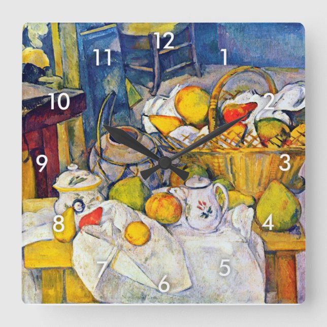 Stillleben mit Obstkorb, Paul Cezanne Quadratische Wanduhr (Vorderseite)