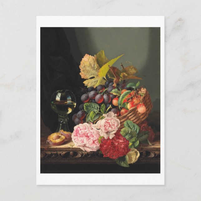 Stillleben mit Pfannkuchen und einem Glas Wein Postkarte (Vorderseite)