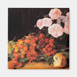 Stillleben mit Rose, Erdbeeren und Brot Magnet