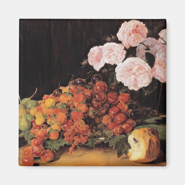Stillleben mit Rose, Erdbeeren und Brot Magnet (Vorne)