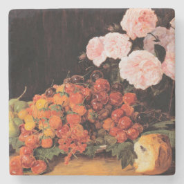 Stillleben mit Rose, Erdbeeren und Brot Steinuntersetzer