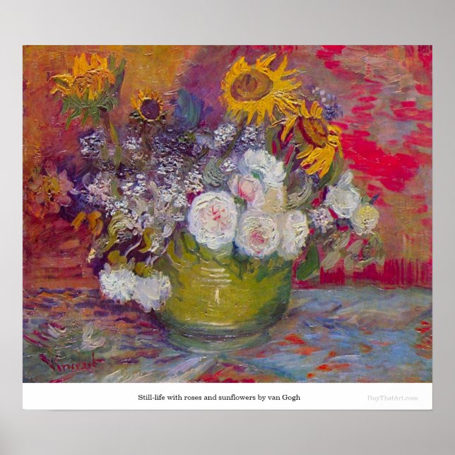 Stillleben mit Rose und Sonnenblumen von van Gogh Poster (Vorne)