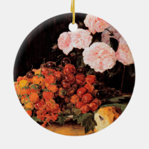 Stillleben mit Rosen, Erdbeeren und Brot Keramik Ornament