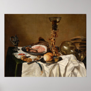 Stillleben mit Schinken, Büchern und Zierschiffen Poster